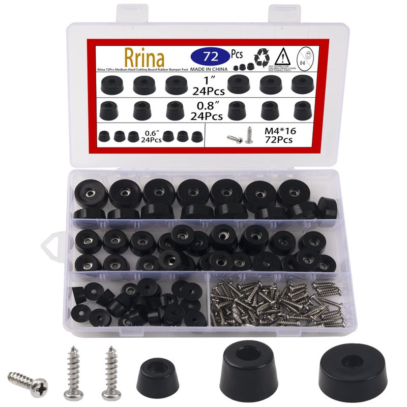 Rrina 72Pcs Medium Hard Cutting Board Rubber Bumper Feet with Stainless Washer Screws Assortment Kit 3 Sizes 0.6"" 0.8"" 1"" for Electronics Appliances Furniture - Image 1